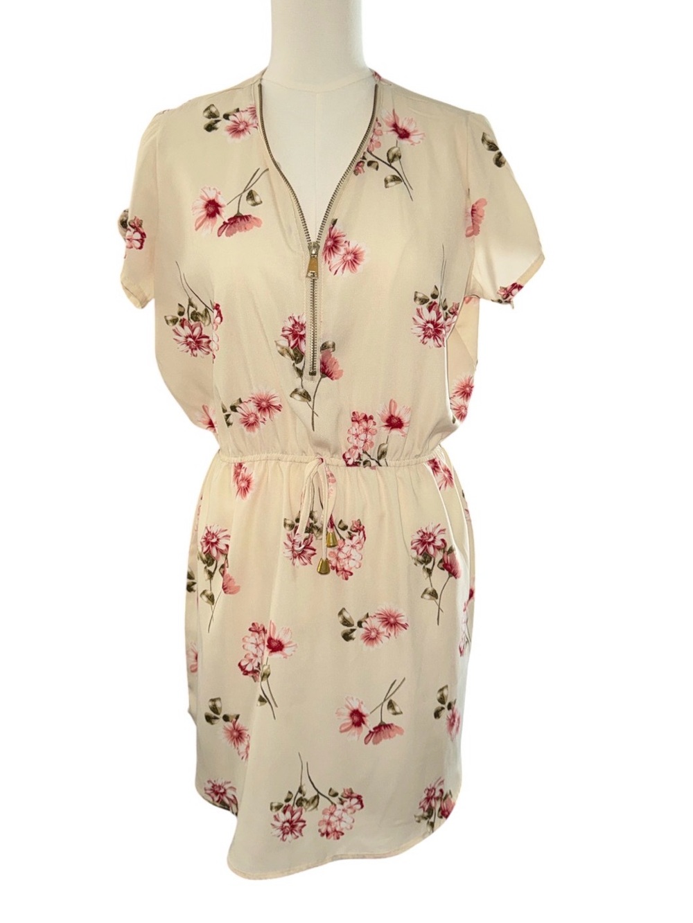 Stella Tweed Boho Cream Pink Floral Zip V-Neck Tie Sleeve Dress Medium